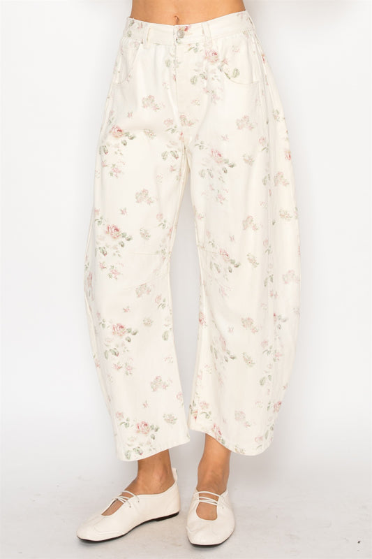 Cream Floral Denim Pants