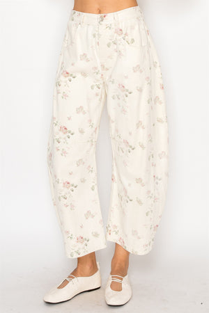 Cream Floral Denim Pants