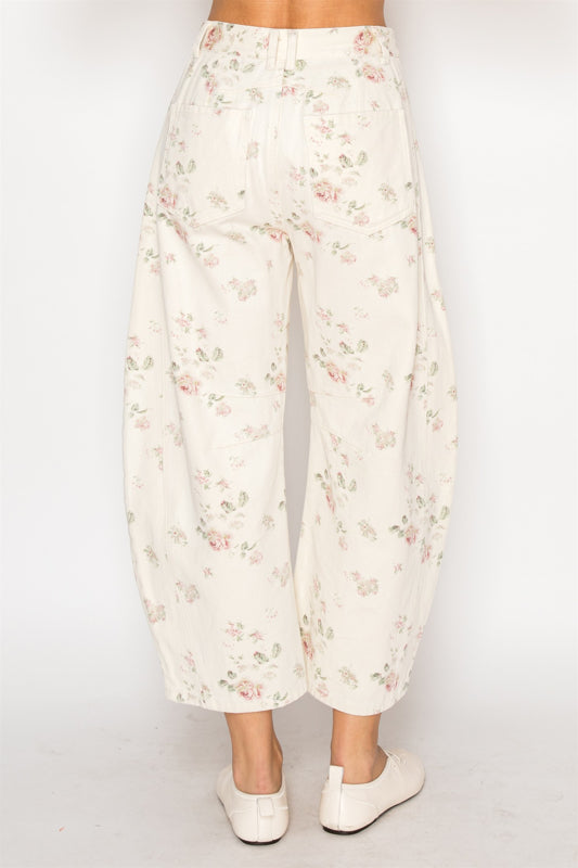 Cream Floral Denim Pants