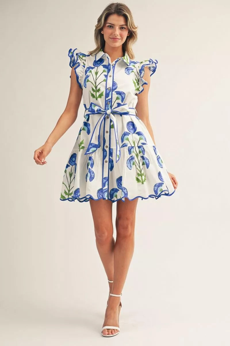 Classy fun Mini Dress, blue floral dress, classy floral dress, blue dress, blue and green floral Mini dress, buttoned down floral dress, layered sleeves dress