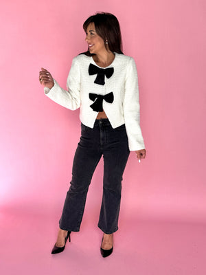tweed blazer with velvet bows