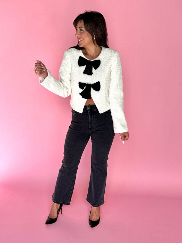 tweed blazer with velvet bows