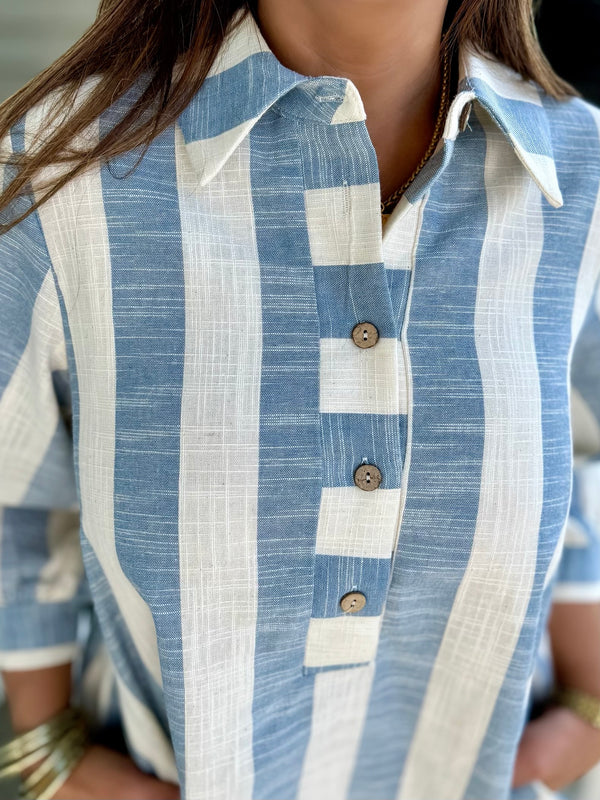 blue and white stripped dress, dress with button closure, button detail dress