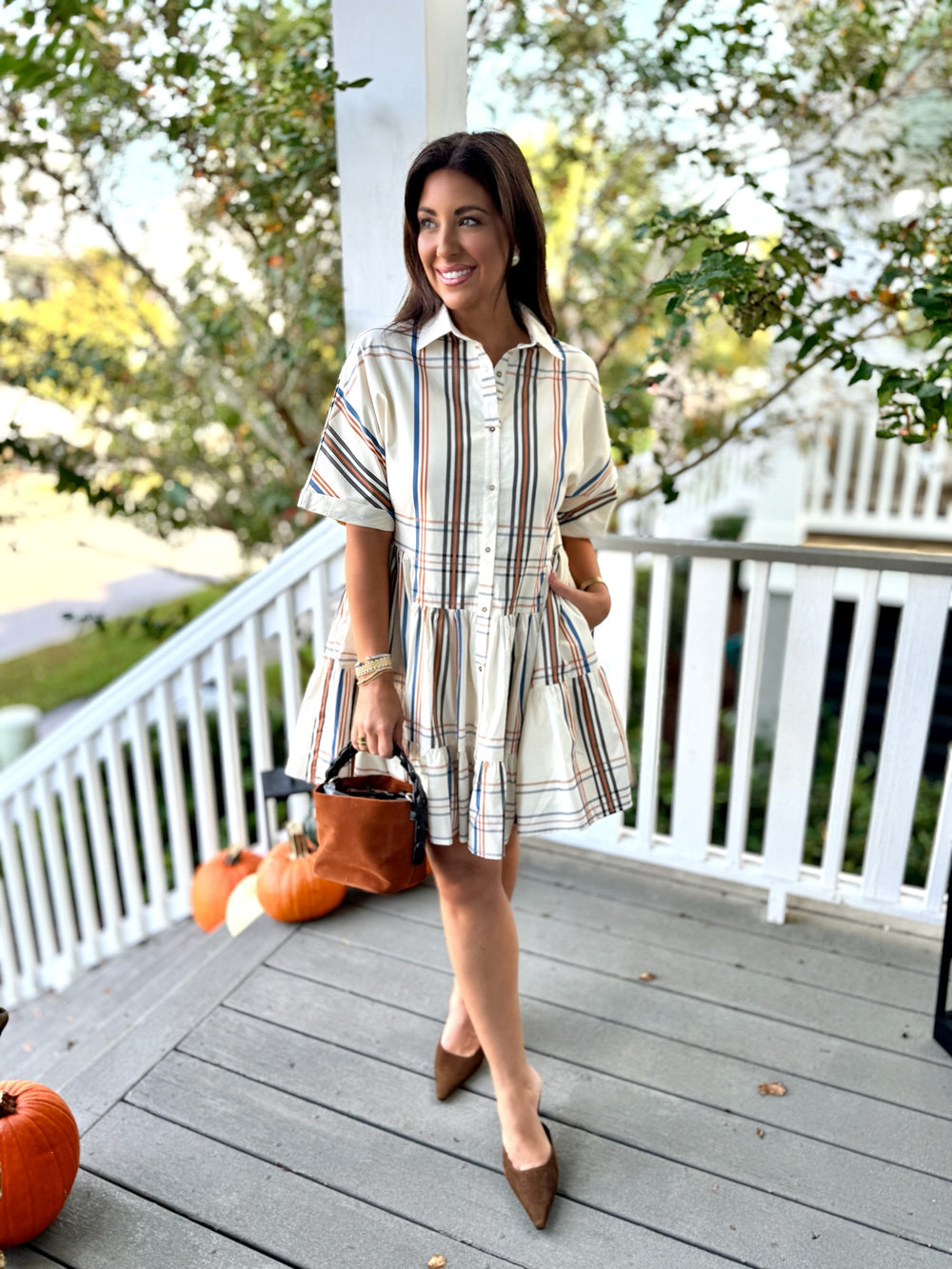 Gather Plaid Mini Shirt Dress