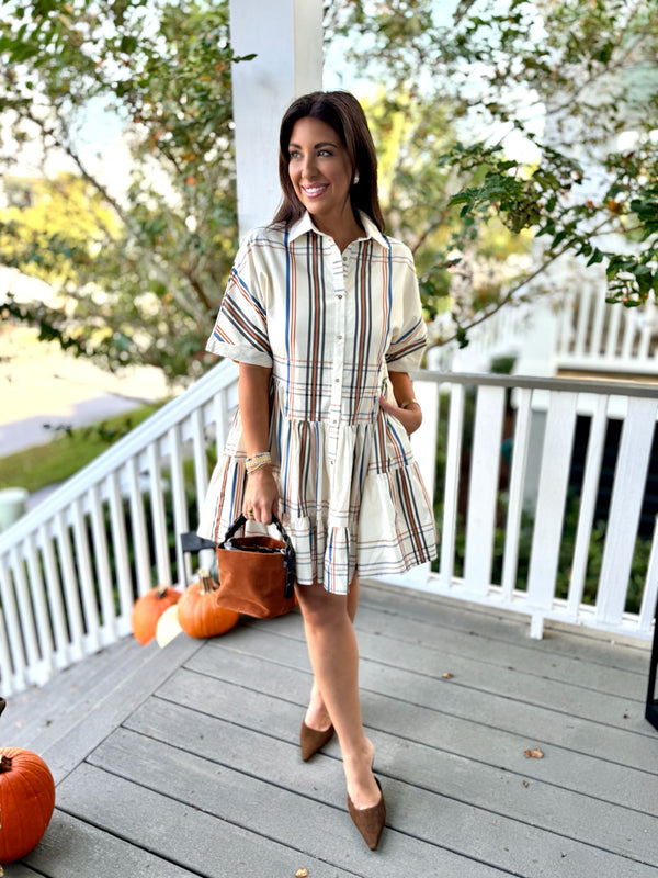 Gather Plaid Mini Shirt Dress