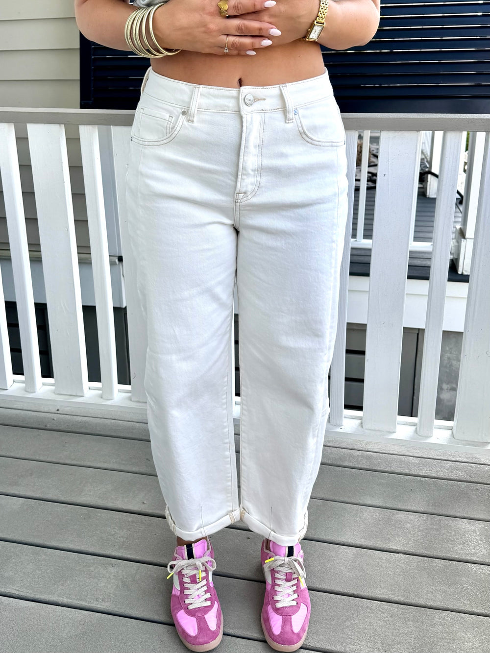 high rise cream cuff  denim 