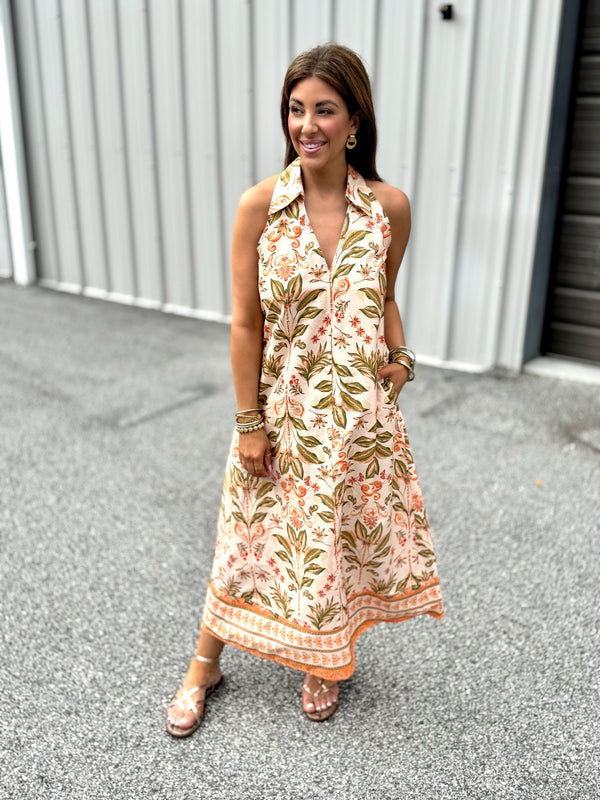 elevated maxi dress, collared maxi dress, island print maxi dress, tangerine color maxi dress, floral maxi dress, palm print maxi dress, garden fun maxi dress