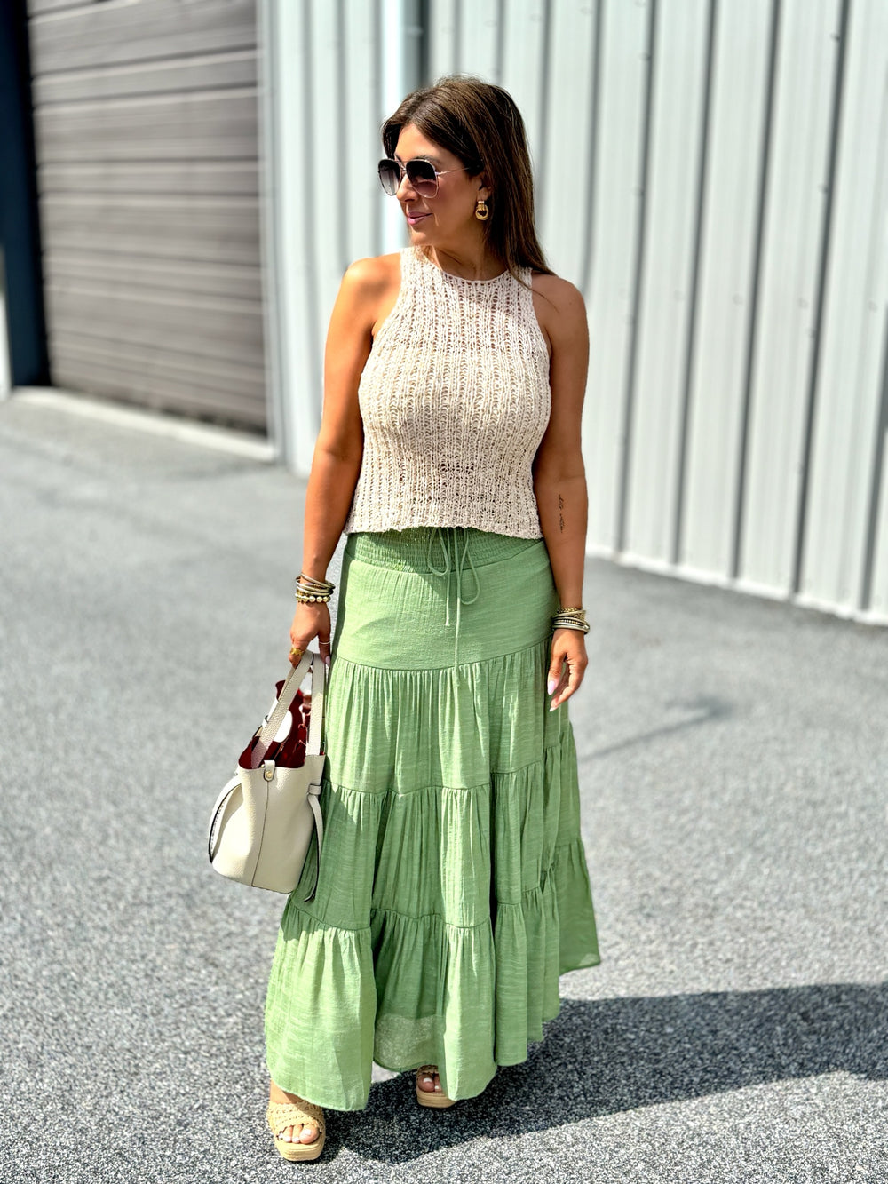 Olive maxi skirt, beach maxi skirt outfit inspo, costal maxi skirt outfit, vacation maxi skirt outfit, olive maxi skirt, 