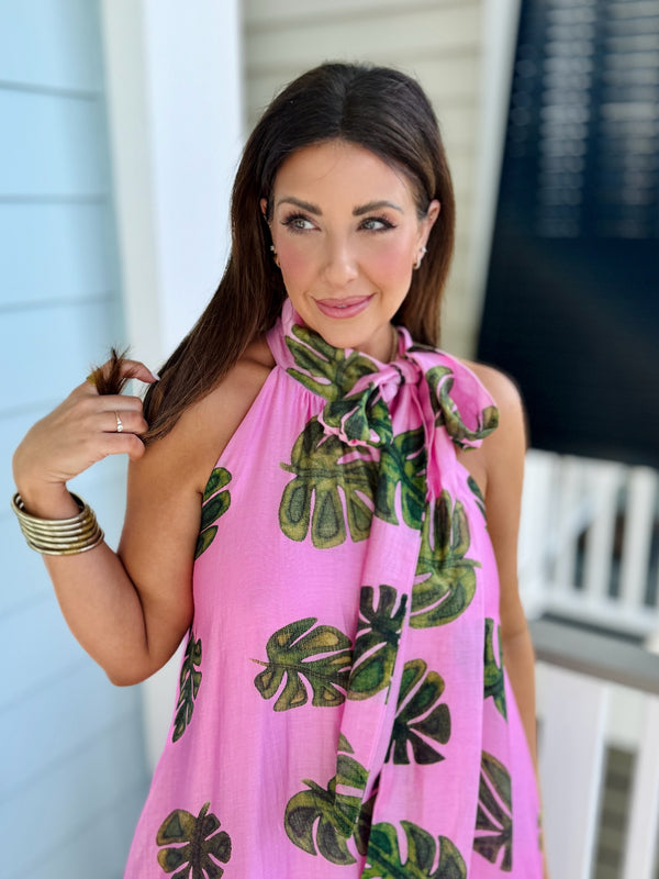haltered neck front tie dress, palm dress