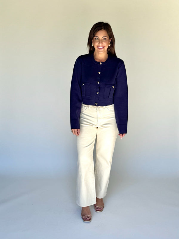 Navy Heart Button Cardigan