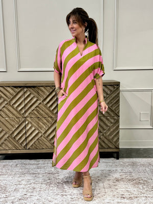 caftan dress, pink and green dress, pink stripe dress
