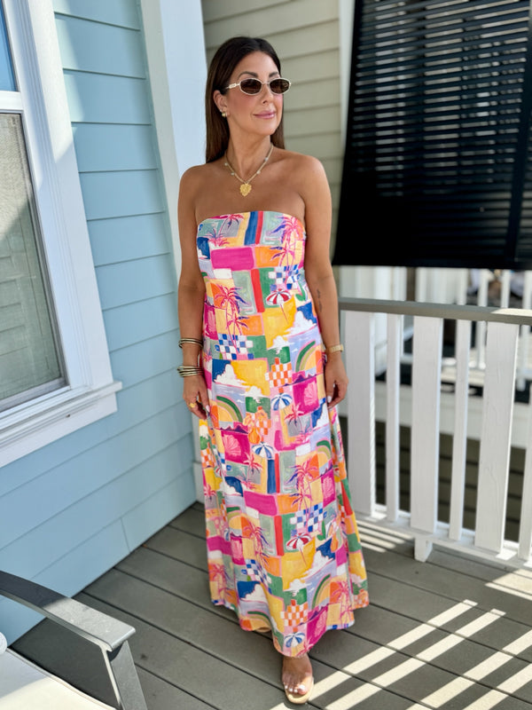 beach detail maxi dress, summer dress, spring break dress, strapless dress