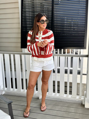 Red and Stripe Top, elevated shorts, beach fits, spring fit, boat outfit, white shorts, high waisted shorts, 
