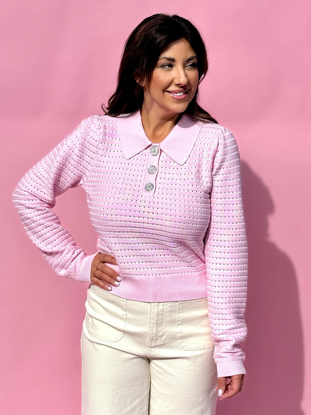 Polo Jeweled Button Top - Pink
