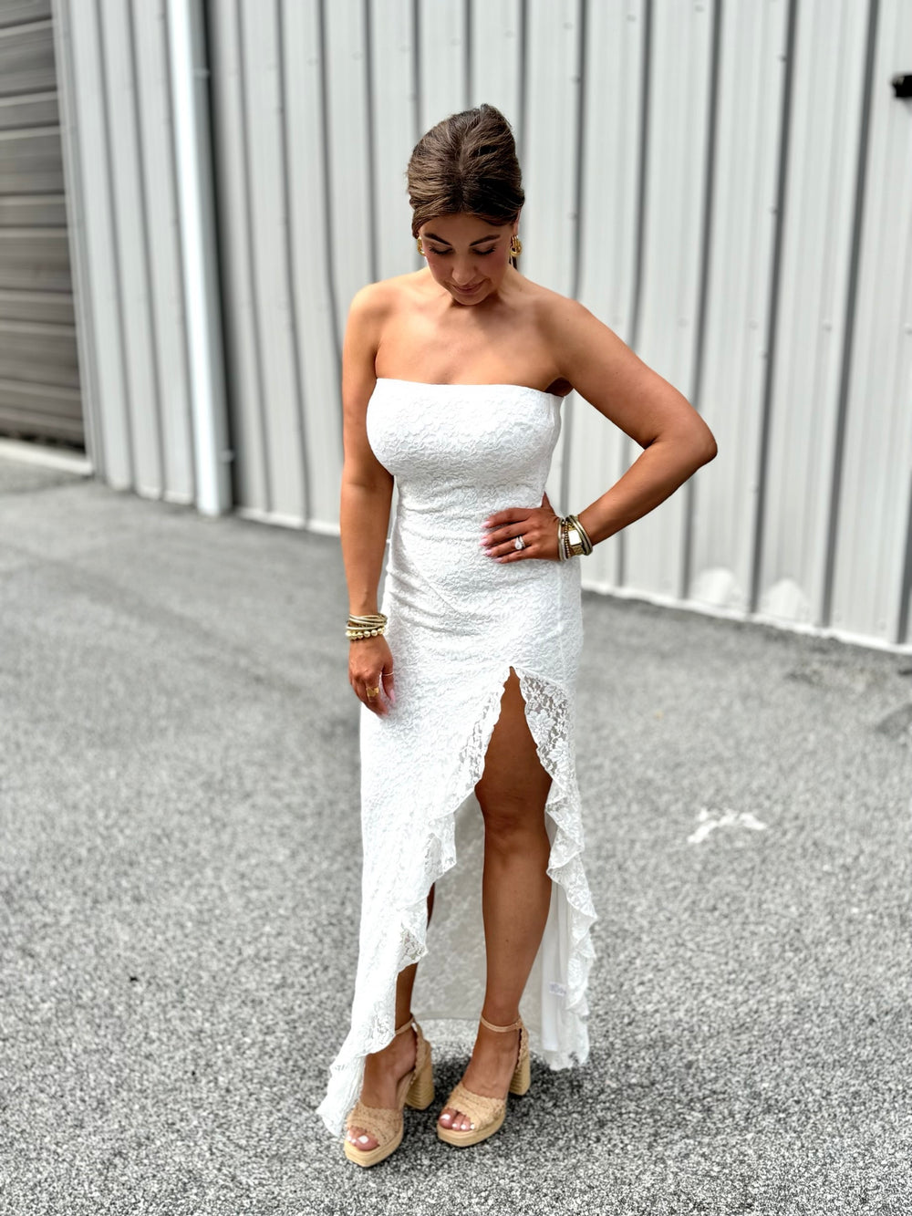 White summer lace dress, White strapless dress, Lace vacation dress, lace maxi dress, lace slit maxi dress