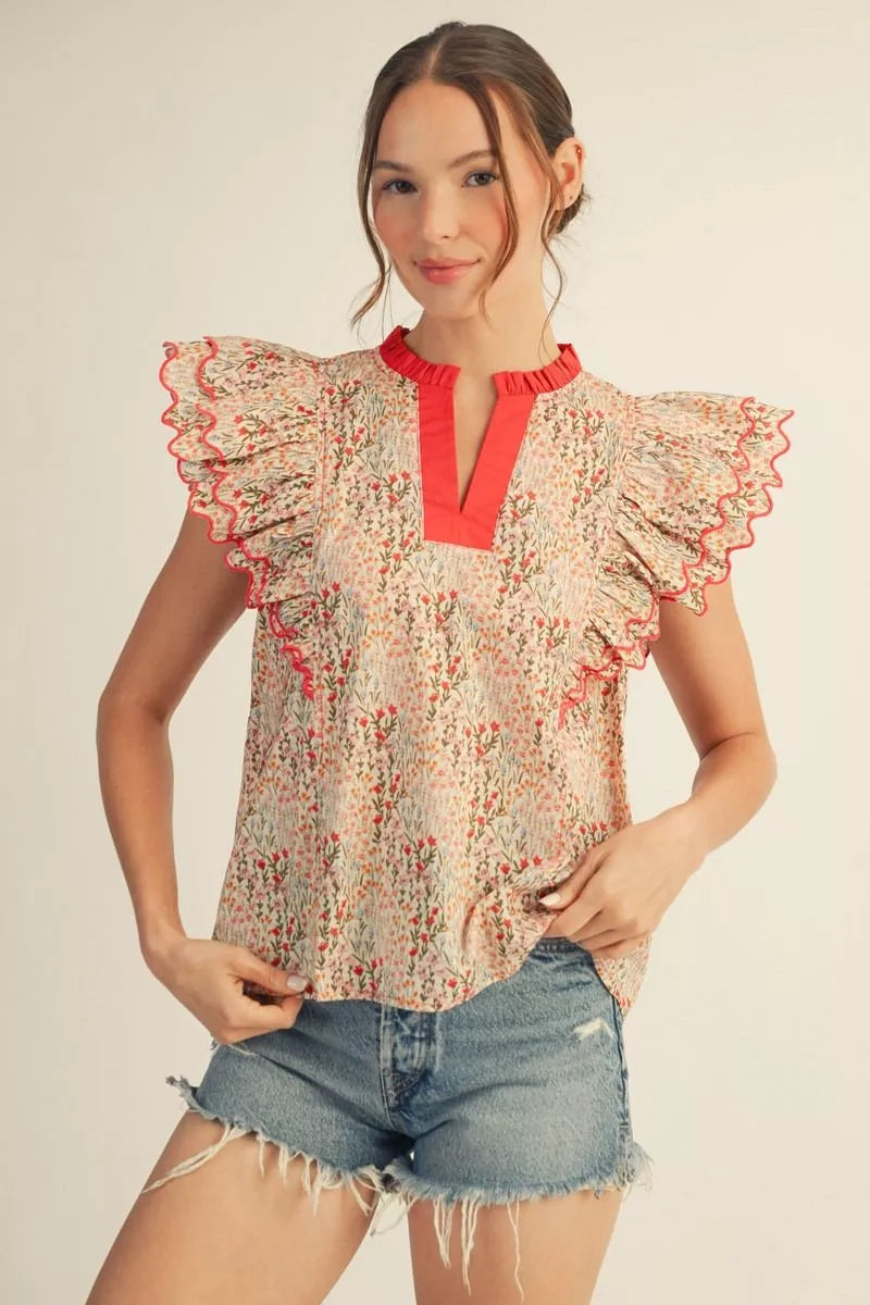 Fun floral top, vibrant floral top, red floral top, cap sleeve floral top, cute top, reddish top, flower top