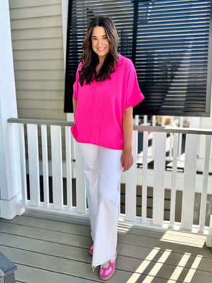 spring outfit, elevated casual outfit, white pant, pink top