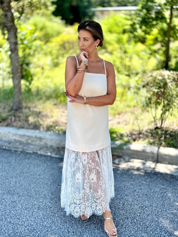 Cream Lace Trim Midi Dress