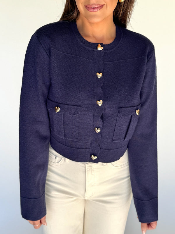 Navy Heart Button Cardigan