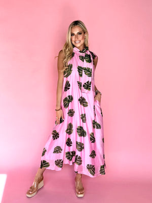pink palm maxi dress