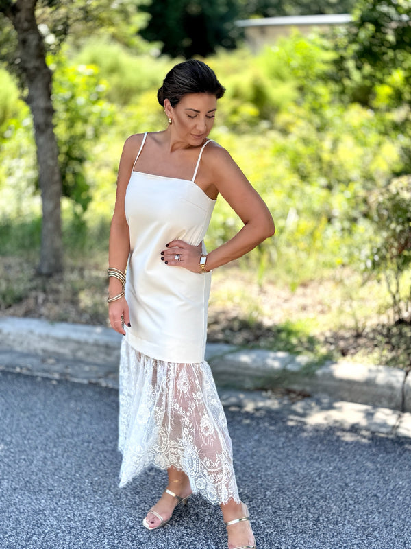 Cream Lace Trim Midi Dress