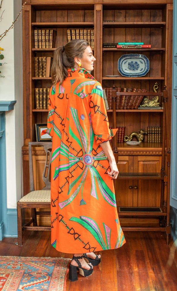 House of MBR, Fall dress, maxi dress, boutique dress, charleston boutique, Hermes, horse bit, equestrian fashion, Estate Orange Shirt Dress Long