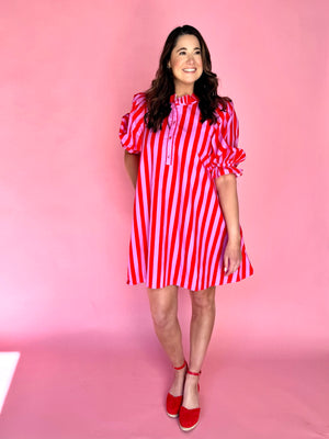 sprig dresses, red and pink dress, stripe dress, summer dress, 3/4 sleeve dress.
