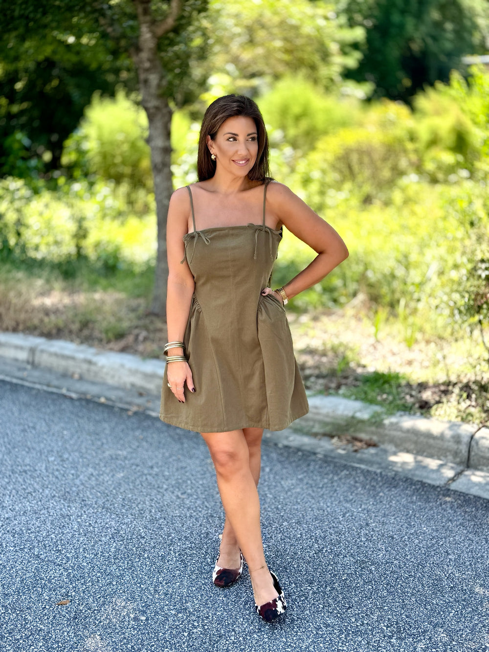 Olive Bow Trim Dress