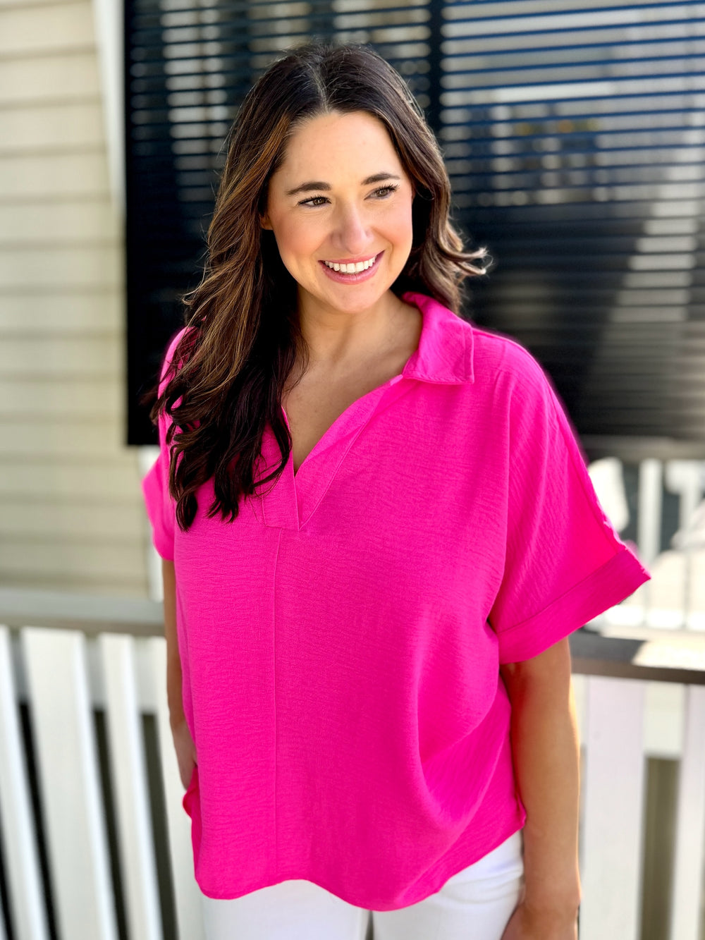 elevated spring top, elevated spring pink top. pink top, pink collar top