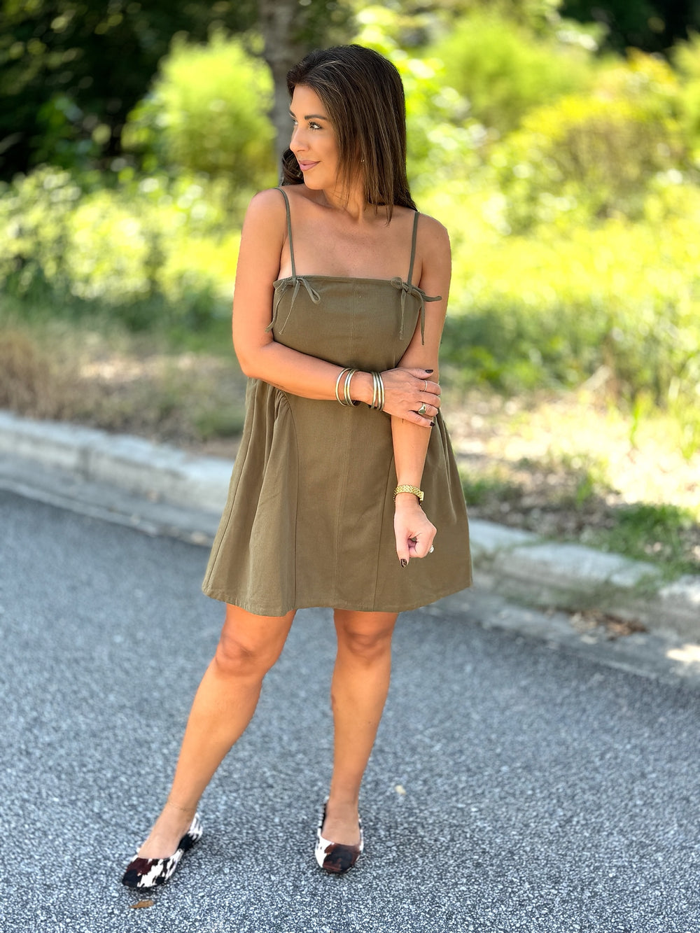 Olive Bow Trim Dress