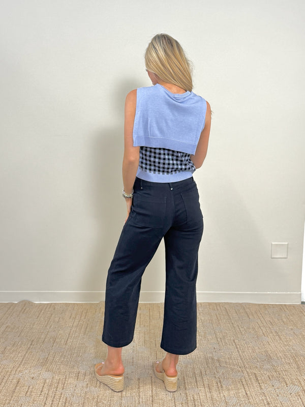 Blue Gingham Wrap Tie shirt outfit 