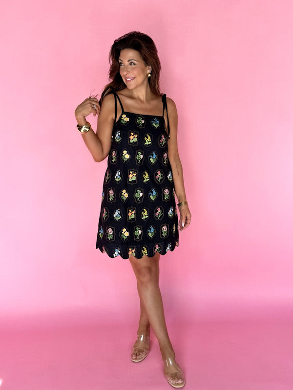 black floral Dress, adjustable sleeve dress, scalloped dress, spring dress, short black dress