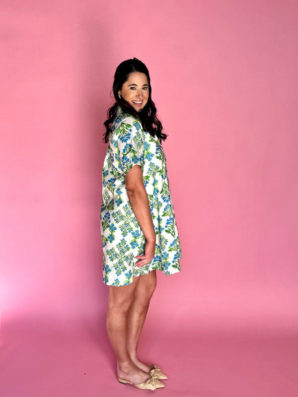 Floral dress, short dress, spring dress, green dress, floral detail