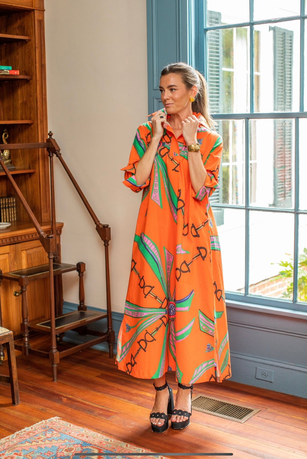 House of MBR, Fall dress, maxi dress, boutique dress, charleston boutique, Hermes, horse bit, equestrian fashion, Estate Orange Shirt Dress Long