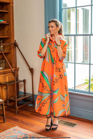 House of MBR, Fall dress, maxi dress, boutique dress, charleston boutique, Hermes, horse bit, equestrian fashion, Estate Orange Shirt Dress Long