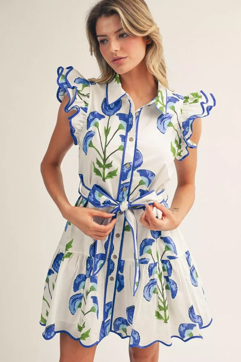 Classy fun Mini Dress, blue floral dress, classy floral dress, blue dress, blue and green floral Mini dress, buttoned down floral dress, layered sleeves dress