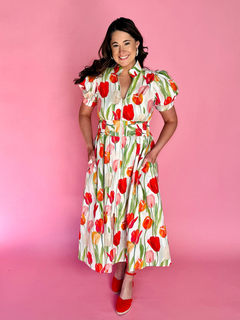 midi dress, easter dress, spring dress, tulip dress, floral dress,