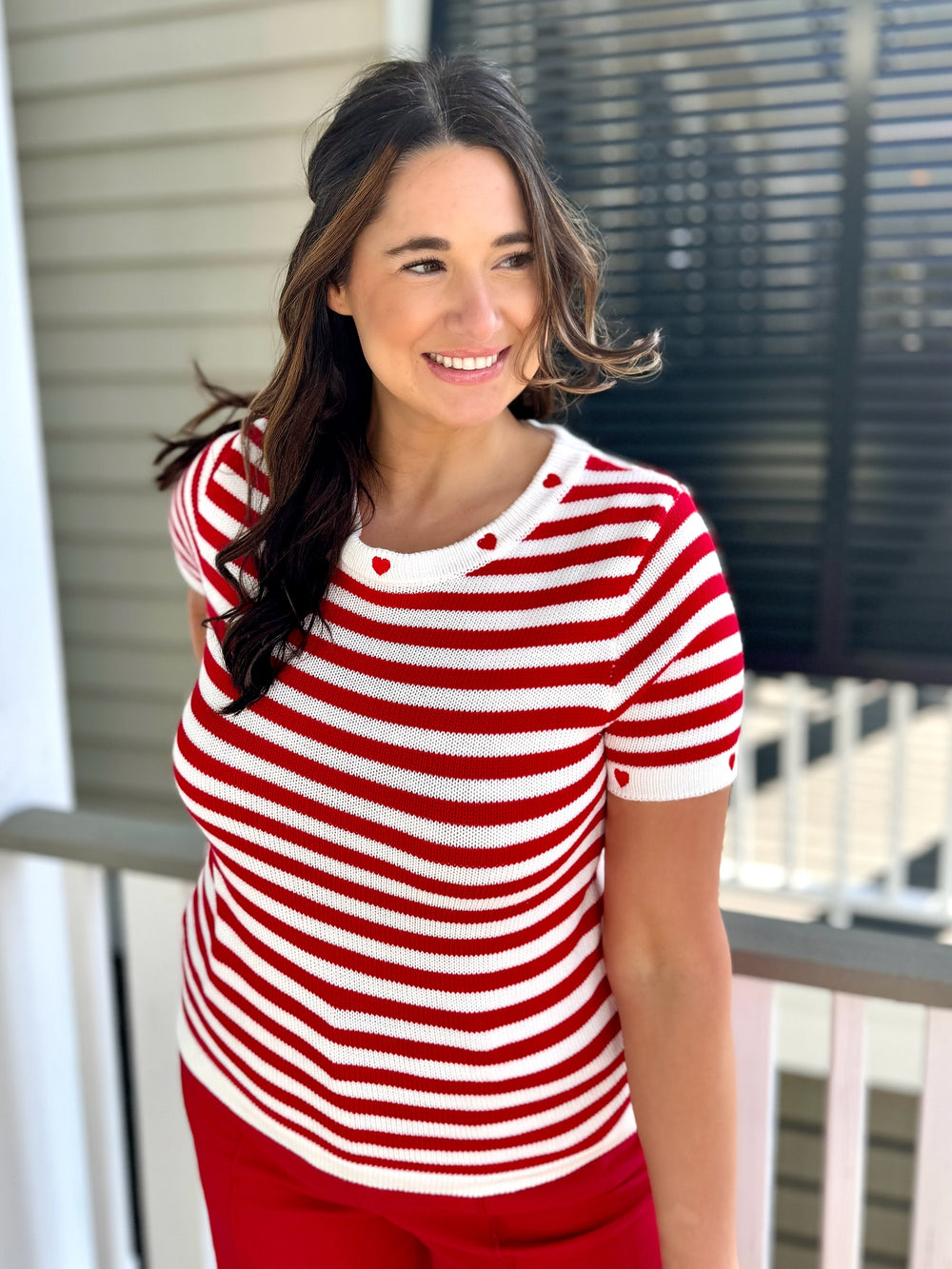 red top, red stripped top, heart detail top, comfy top, elevated red top, 