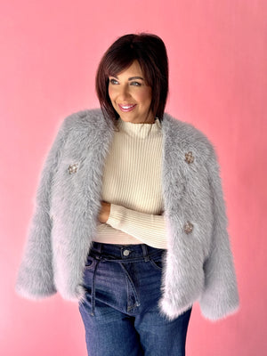 Embellished Rhinestone Flower Faux Fur Jacket