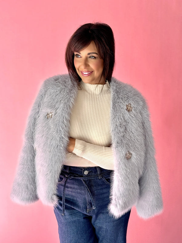 Embellished Rhinestone Flower Faux Fur Jacket