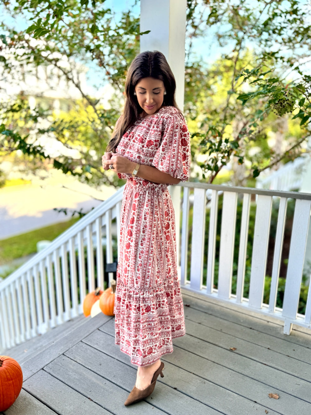 Striped Floral Midi Skirt