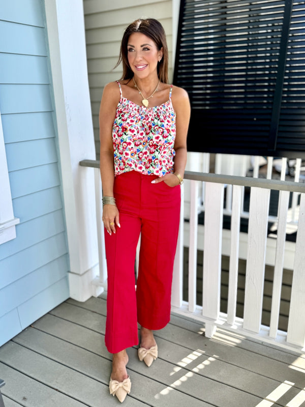 Mult-color Tank Top, spring fit, red pants, red comfy pants, elevated spring pants,