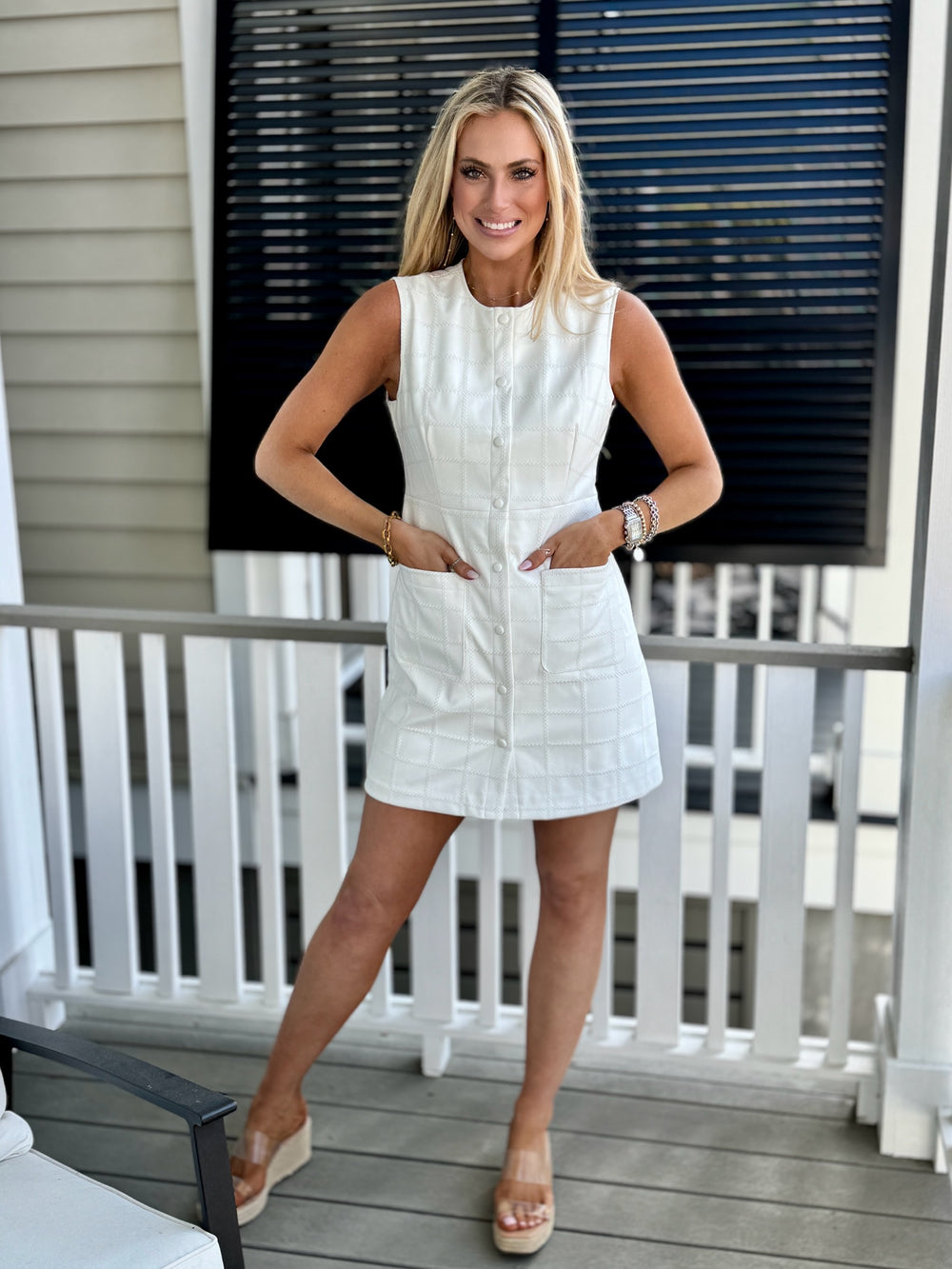 faux vegan leather dress, white faux leather spring dress, faux vegan short dress, short spring dress, white spring dress, front pocket dress