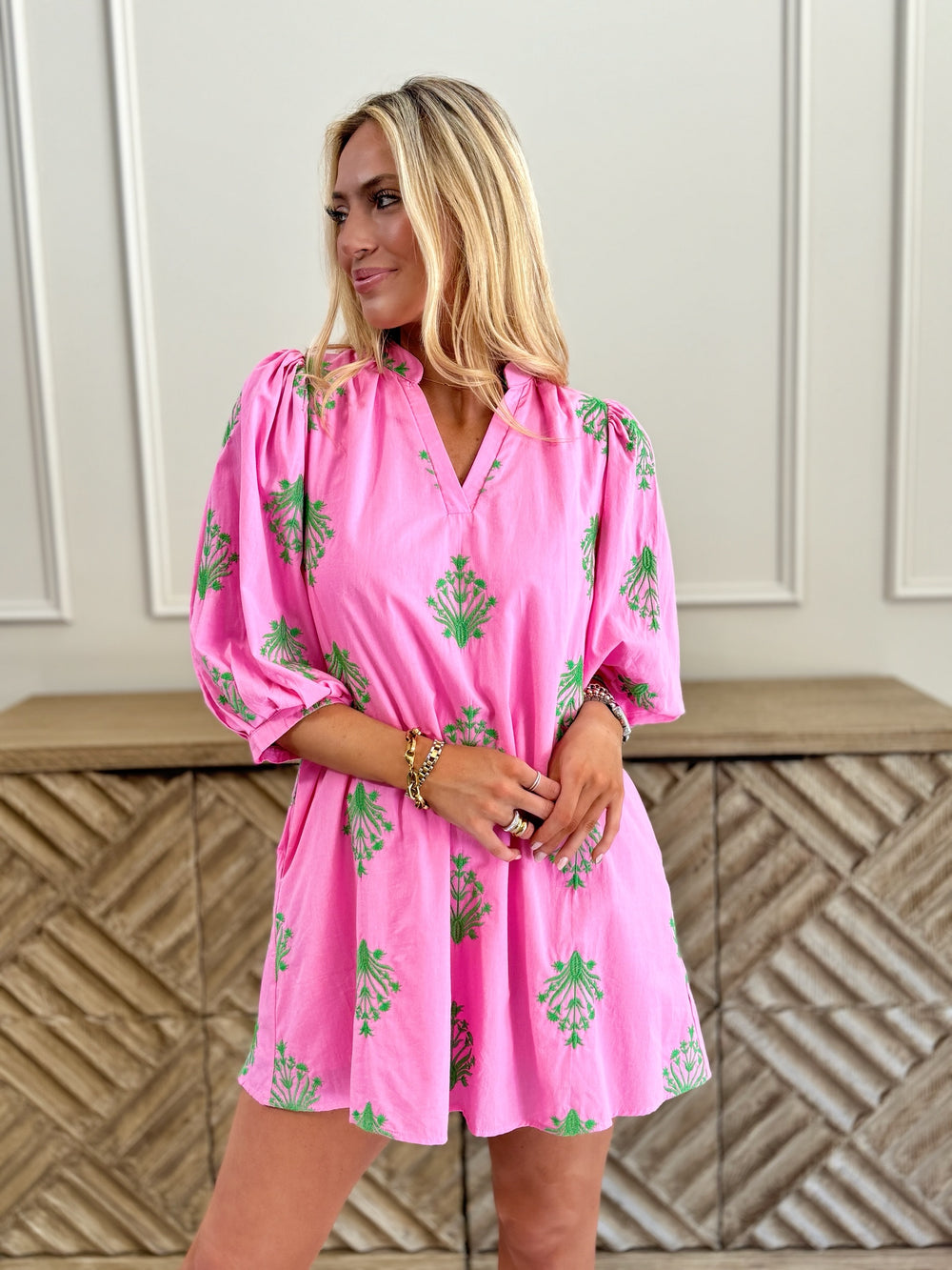 Spring pink dress, Vacation dress, Vacation mini dress, Green and Pink spring dress, Green Embroidery dress  