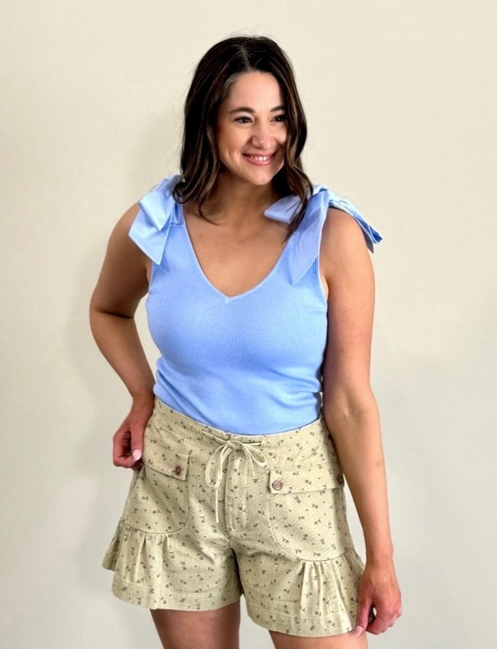 Bow Shoulder Sleeveless Top - Blue