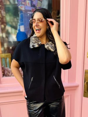 Animal Print Faux Fur Trimmed Cardigan