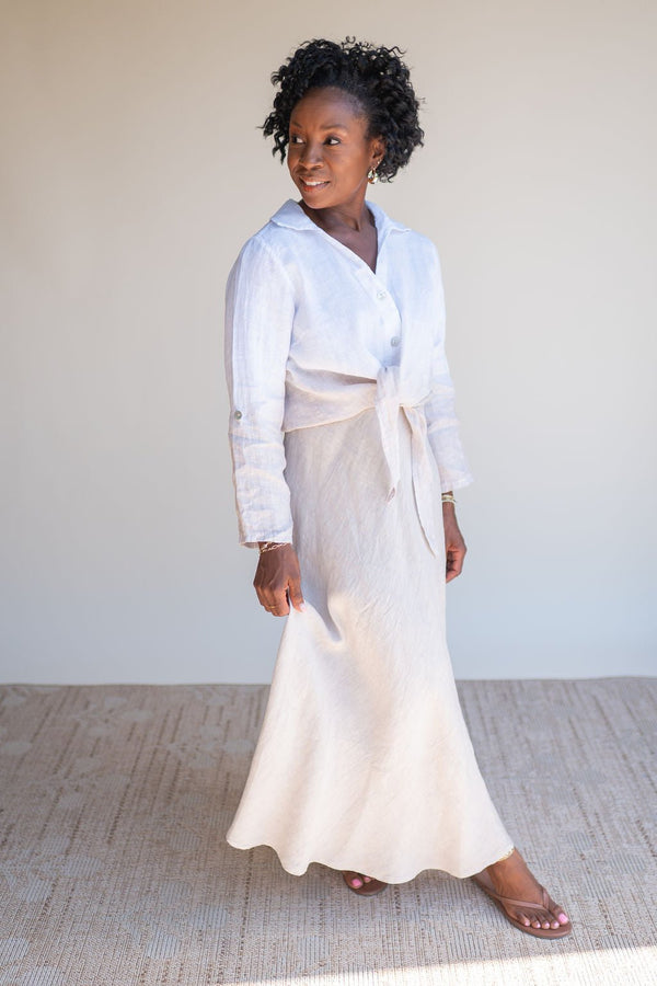 Crinkle Linen Midi Skirt - Beige - Southern Fuss
