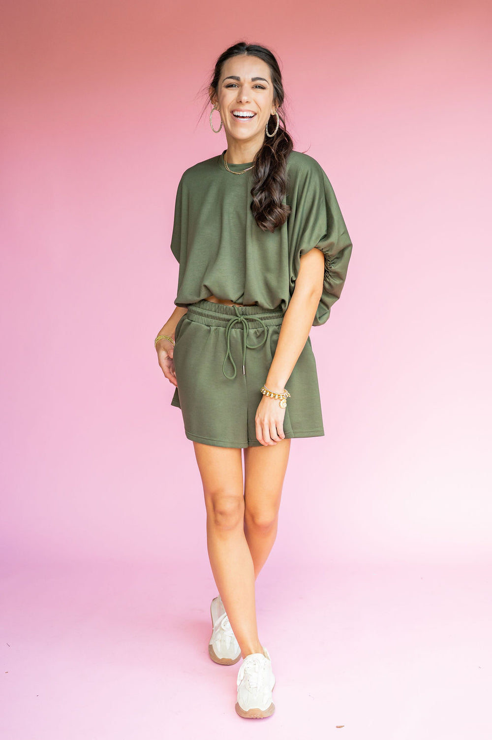 Olive Bubble Hem Short Set