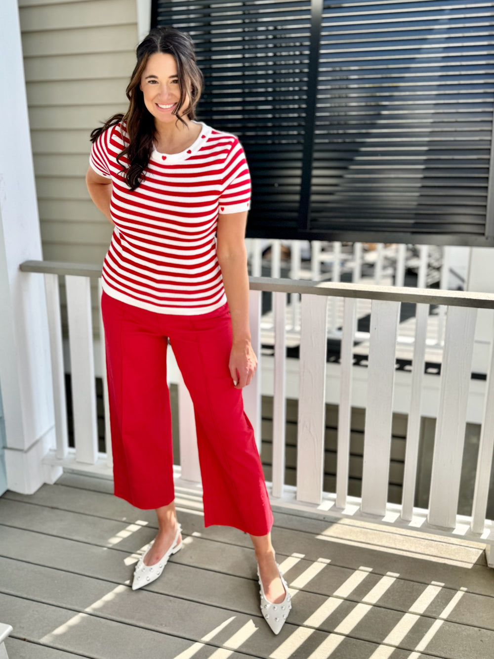 red top, red stripped top, heart detail top, comfy top, elevated red top, 