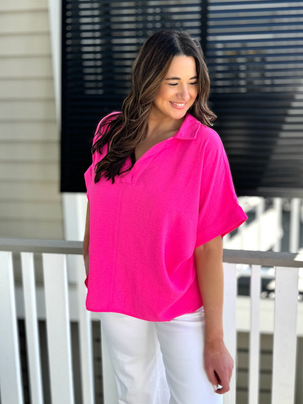 pink top , spring pink top , collared sleeve top